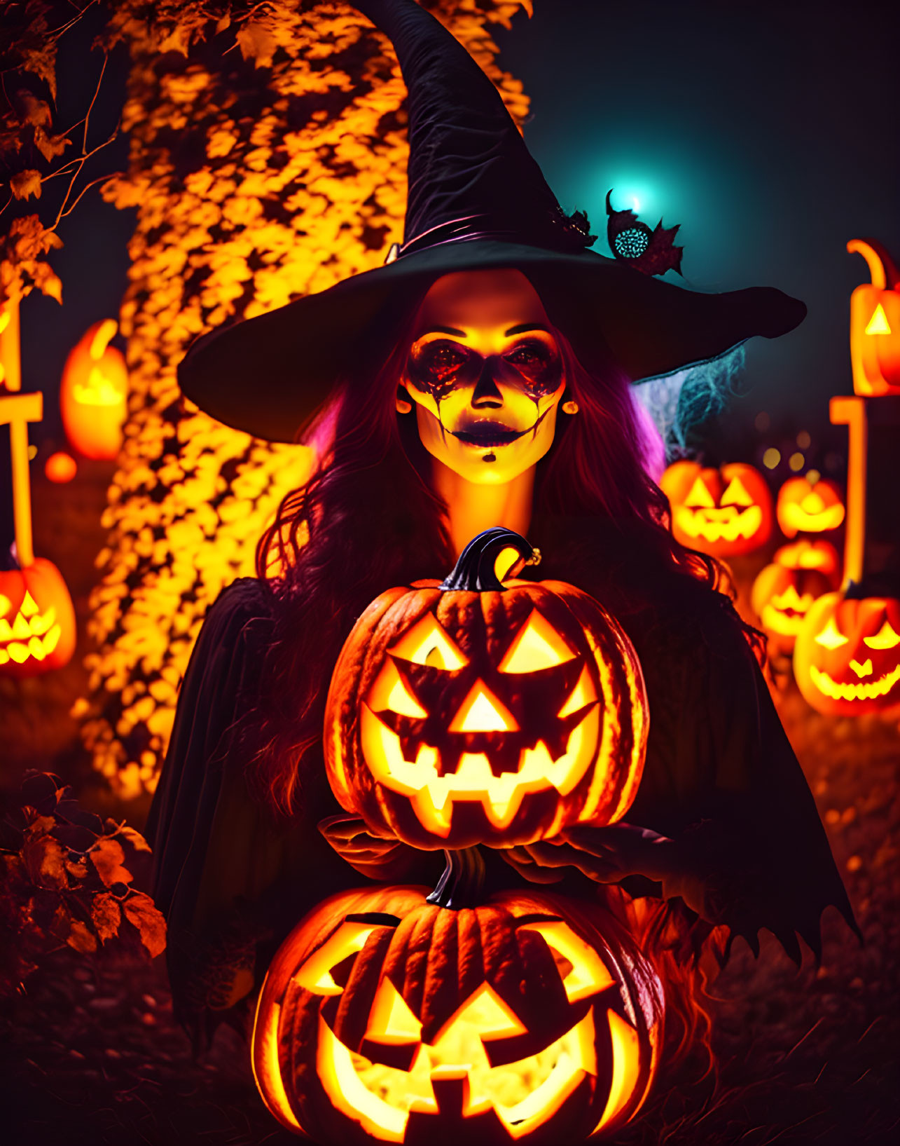 Person in witch costume with glowing jack-o'-lantern in spooky Halloween scene.