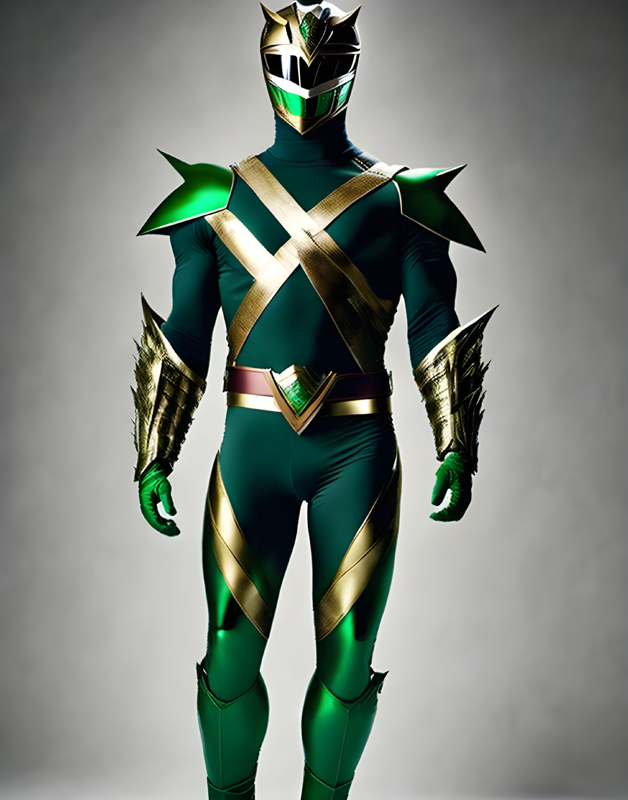 Green and Gold Power Rangers Costume with Helmet and Armor on Grey Background