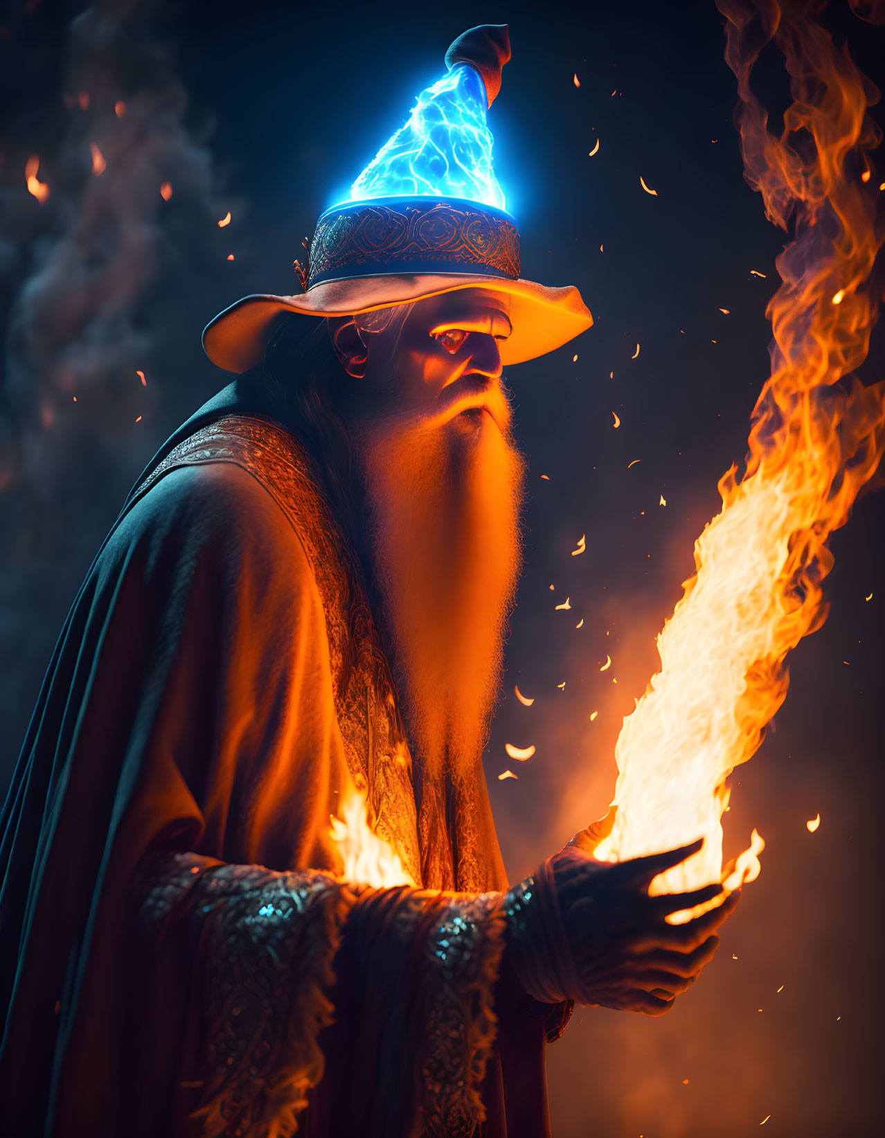 Wizard conjuring flames with glowing blue hat and long beard in mystical smoke