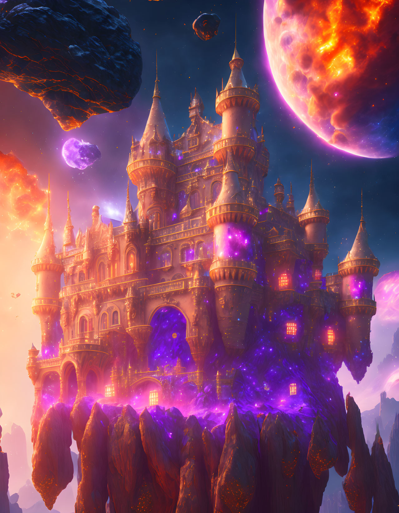 Fantastical castle on floating rocks with glowing purple lights under sunset sky.