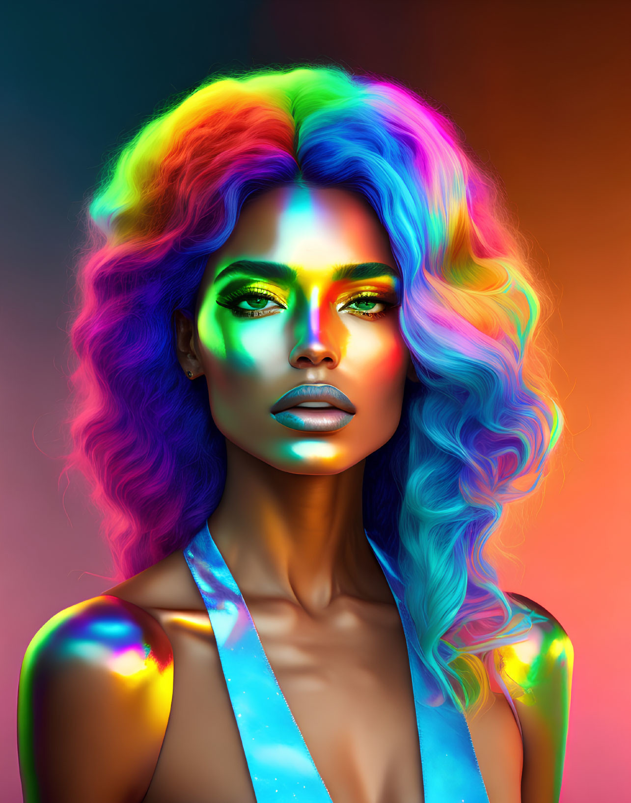 Colorful Rainbow Hair and Iridescent Skin Portrait Under Neon Lights