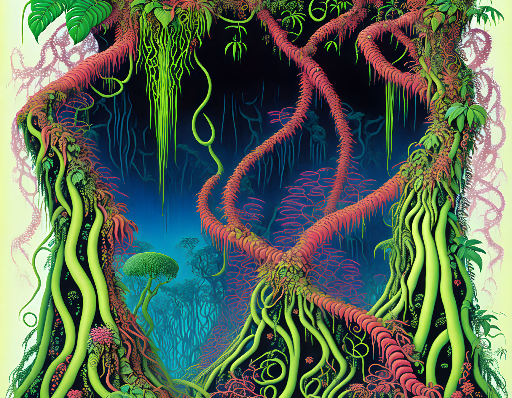 Colorful jungle illustration with red and green vines and mystical blue glow