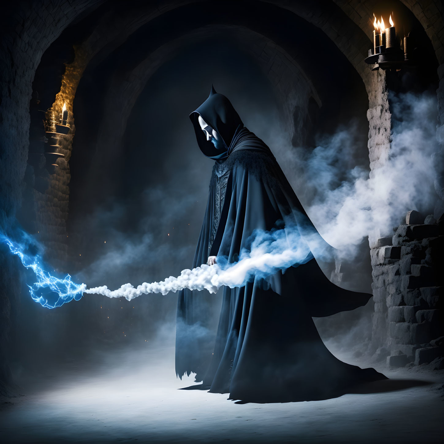 Mysterious figure conjuring lightning in dark archway scene