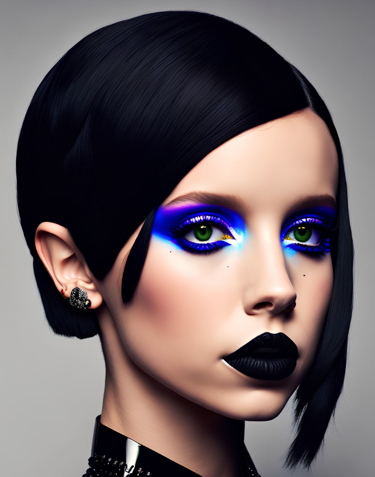 Portrait of person with sleek black hair, blue and purple eye makeup, black lipstick, elegant earrings