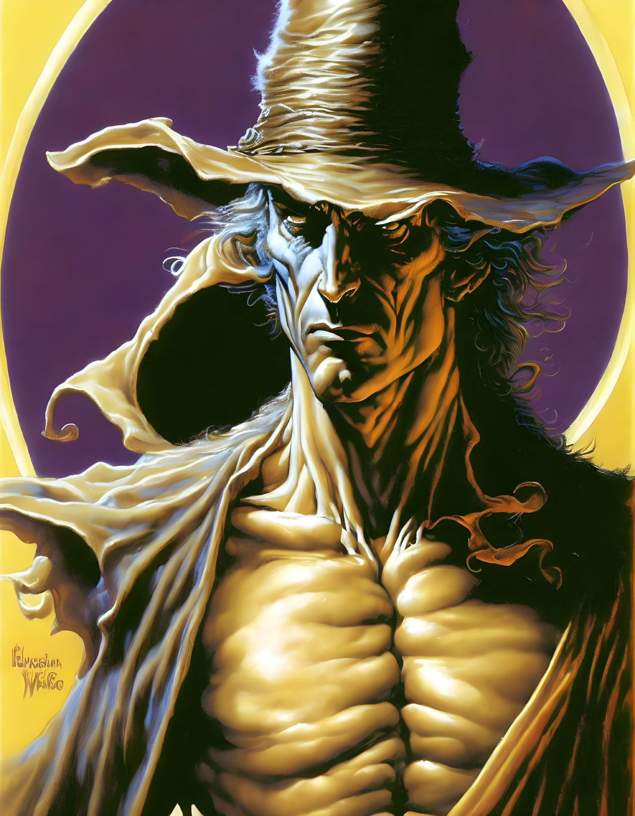 Long-haired male character in wide-brimmed hat and cloak on purple-yellow background