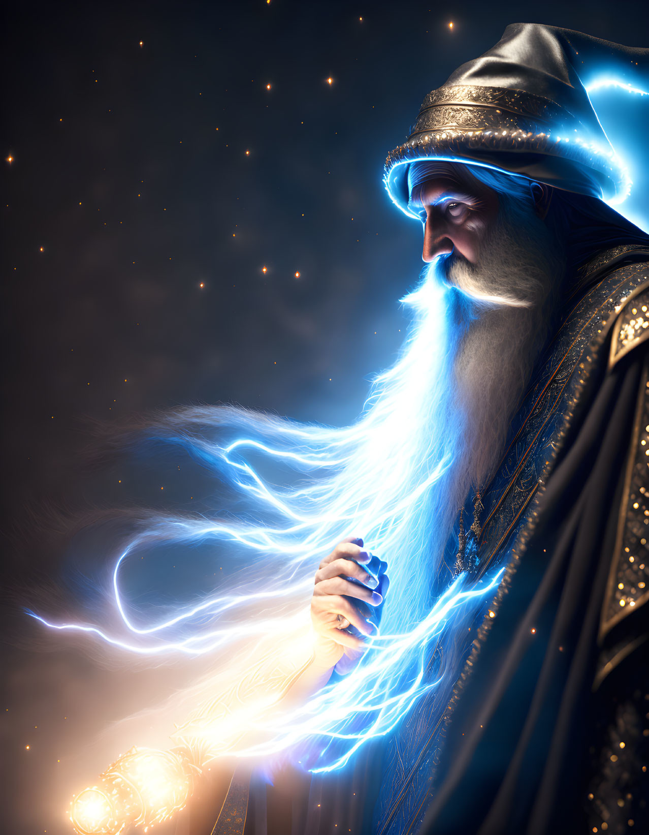 Elder wizard casting lightning with starry background