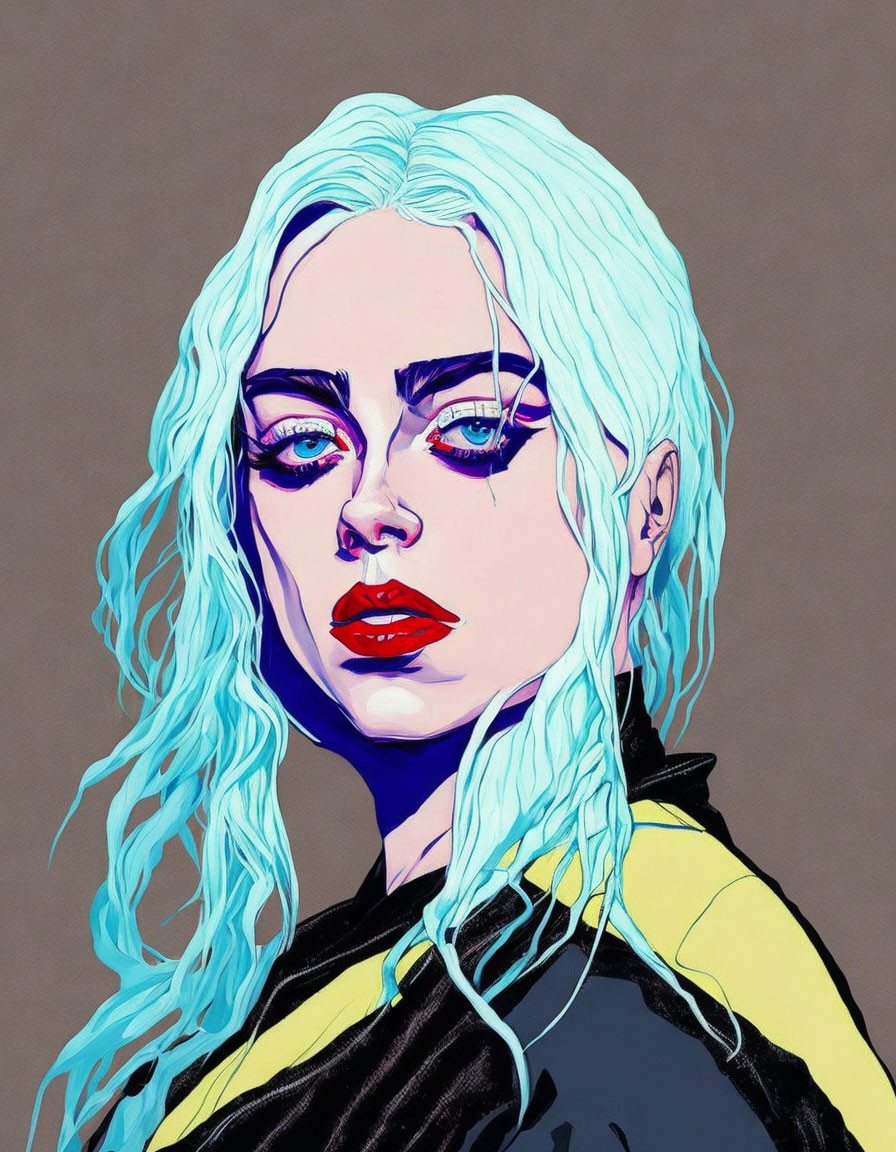 Person with Pale Blue Hair, Blue Eyes, Red Lips in Black & Yellow Outfit