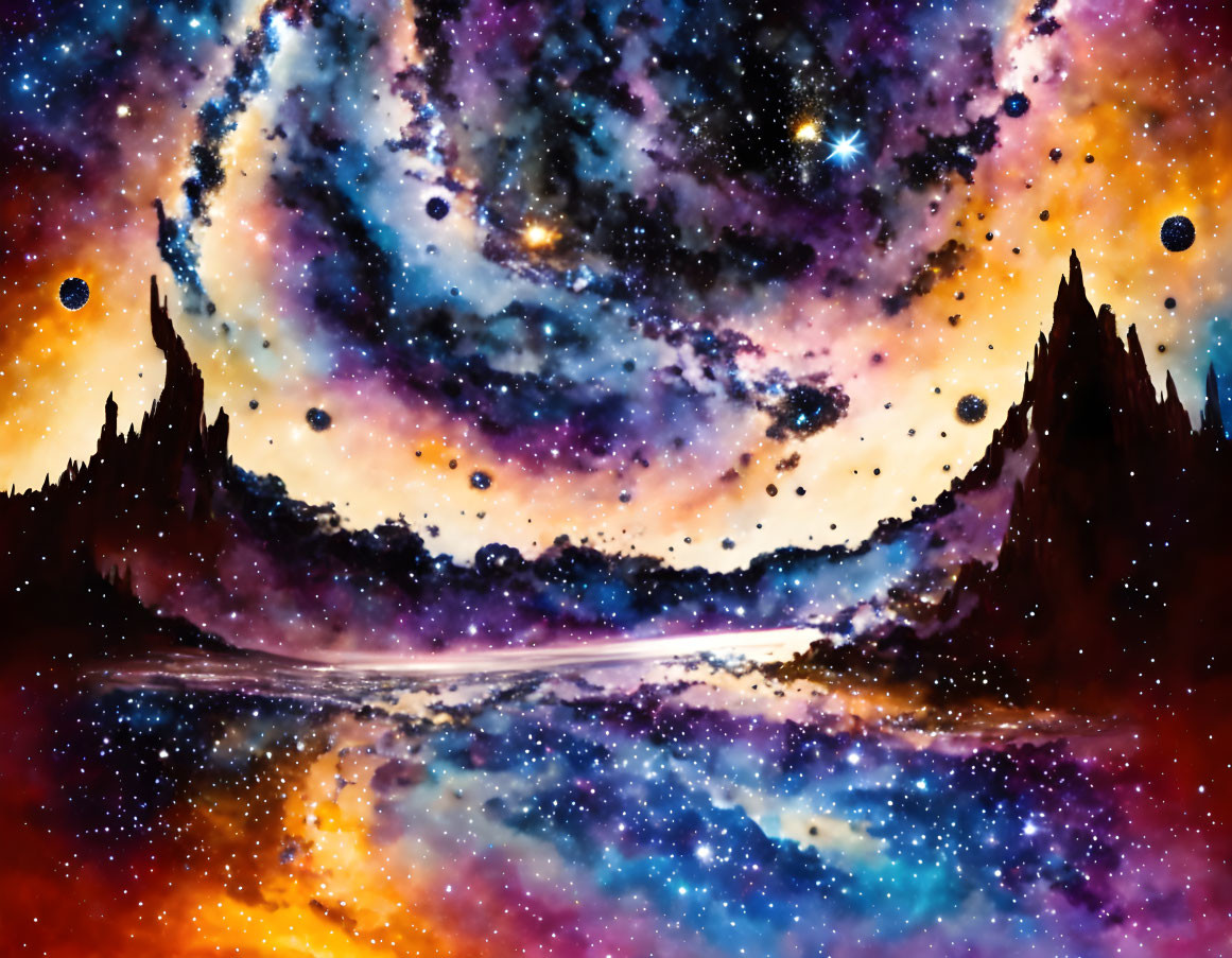 Colorful cosmic artwork: swirling galaxies, star clusters, planets, reflective nebulae river, surreal