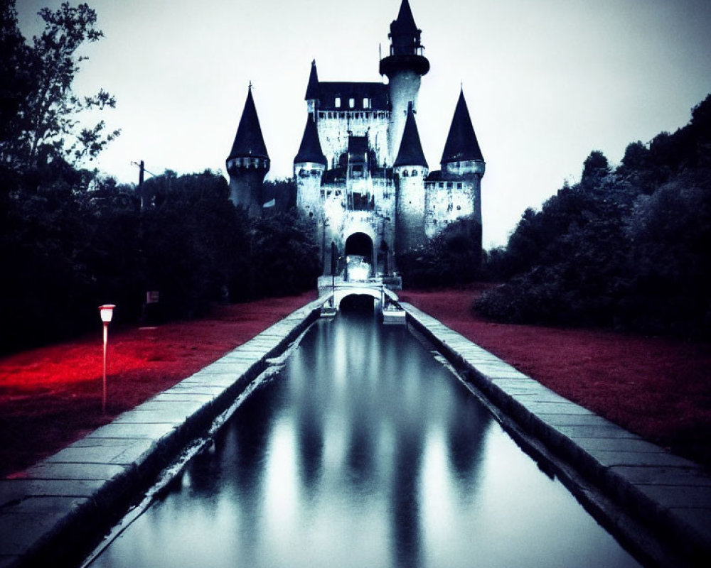 Fairytale castle at dusk reflected in water canal under dark sky