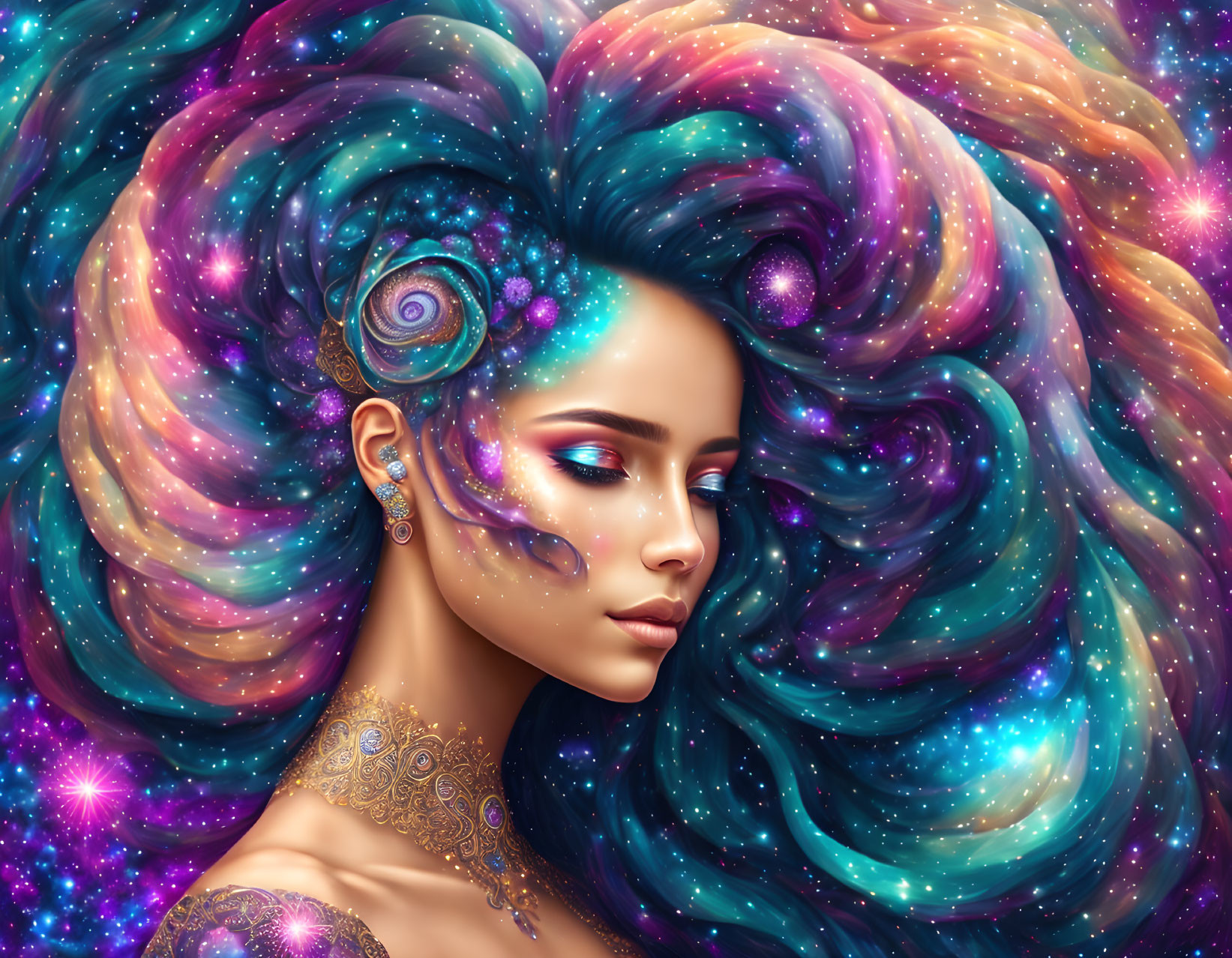 Woman with Galaxy Hair and Cosmic Makeup Jewelry