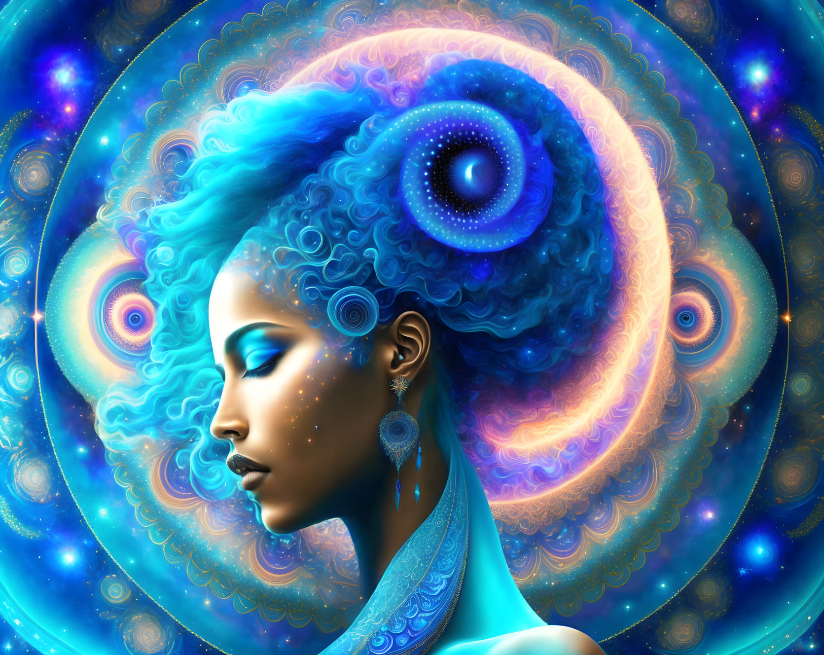 Digital artwork featuring woman with blue skin and cosmic hair patterns.