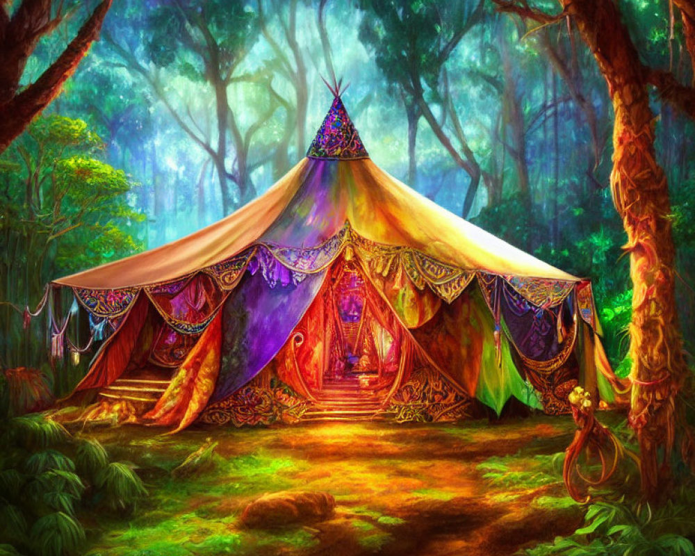 Colorful Whimsical Tent in Enchanted Forest Clearing