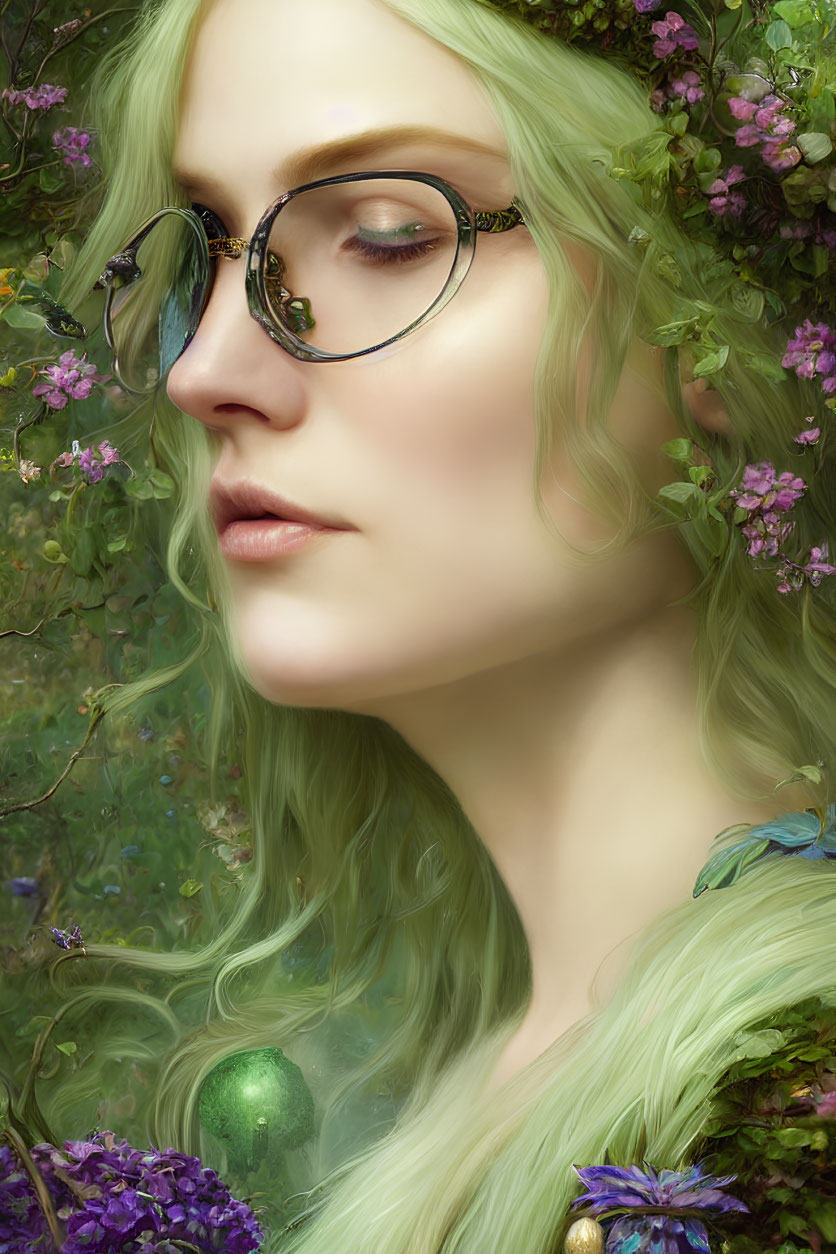 Woman with Green Hair and Glasses Surrounded by Flowers and Butterflies