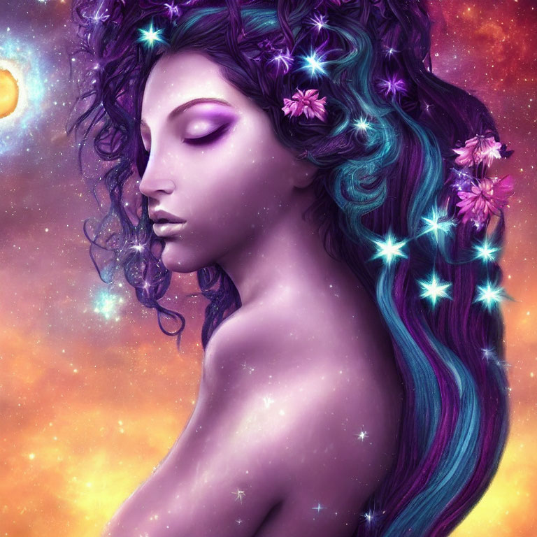 Fantasy illustration of woman with purple skin and cosmic background.