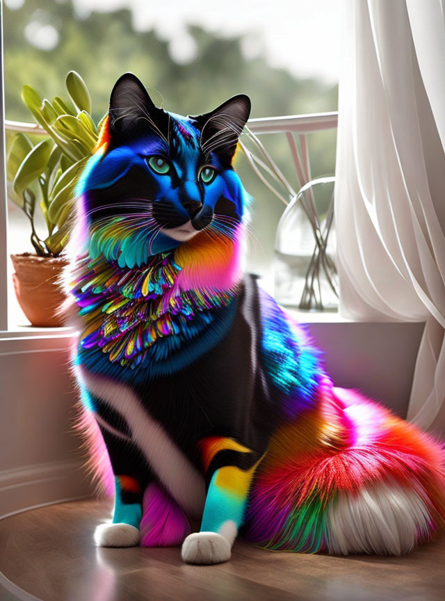 Realistic Cat with Vibrant Rainbow Fur Next to Window and Potted Plant