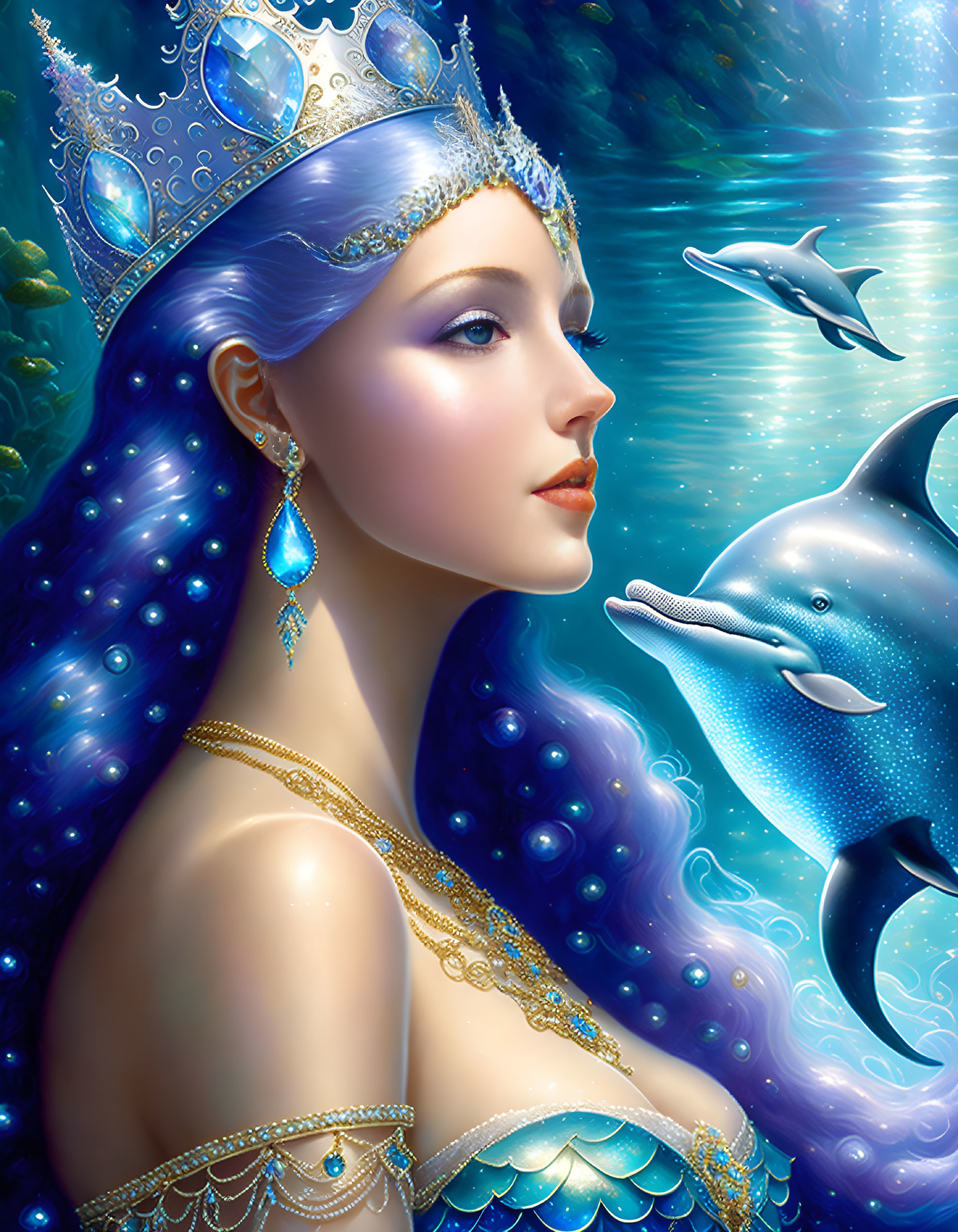 Regal Woman with Blue Hair and Crown Beside Dolphin in Underwater Scene