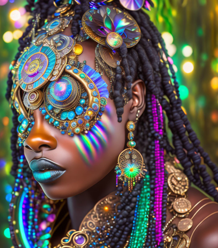 Colorful portrait with intricate face jewelry and braided hair