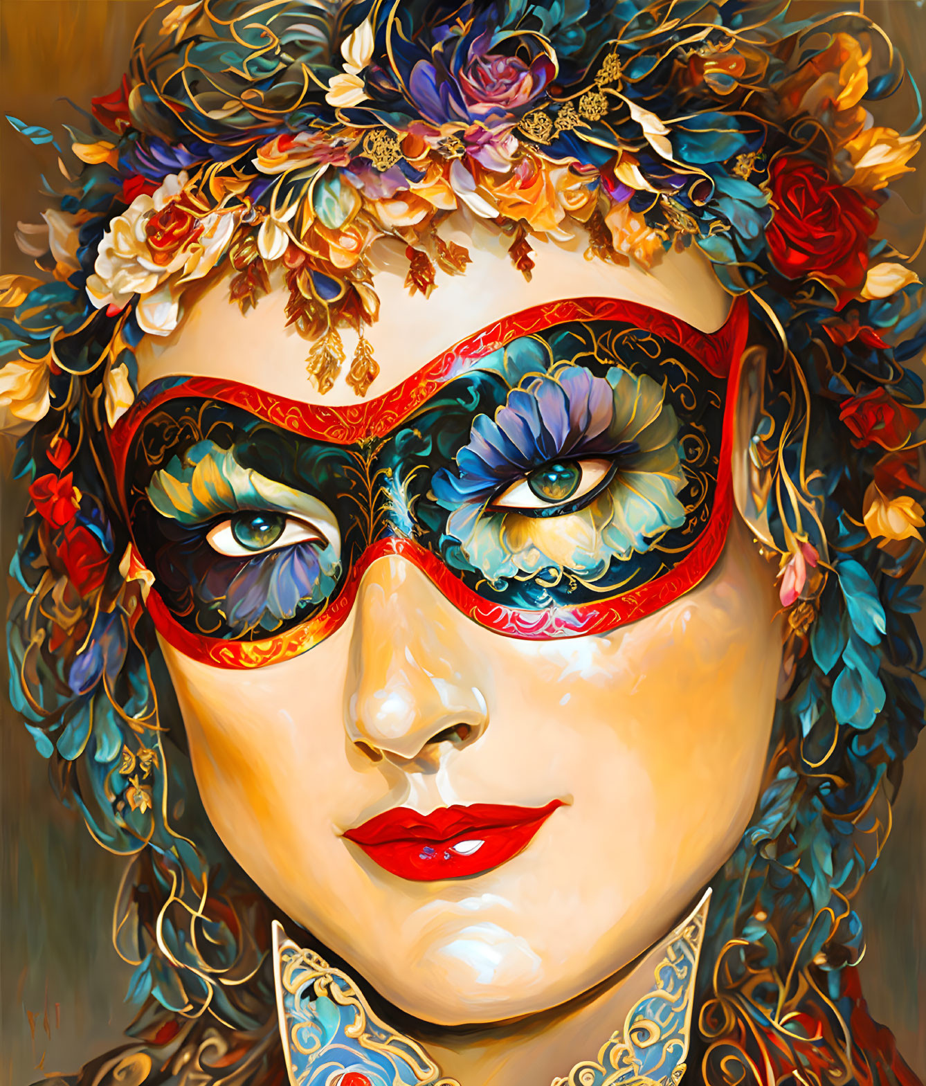 Colorful painting of woman with floral wreath & ornate masquerade mask