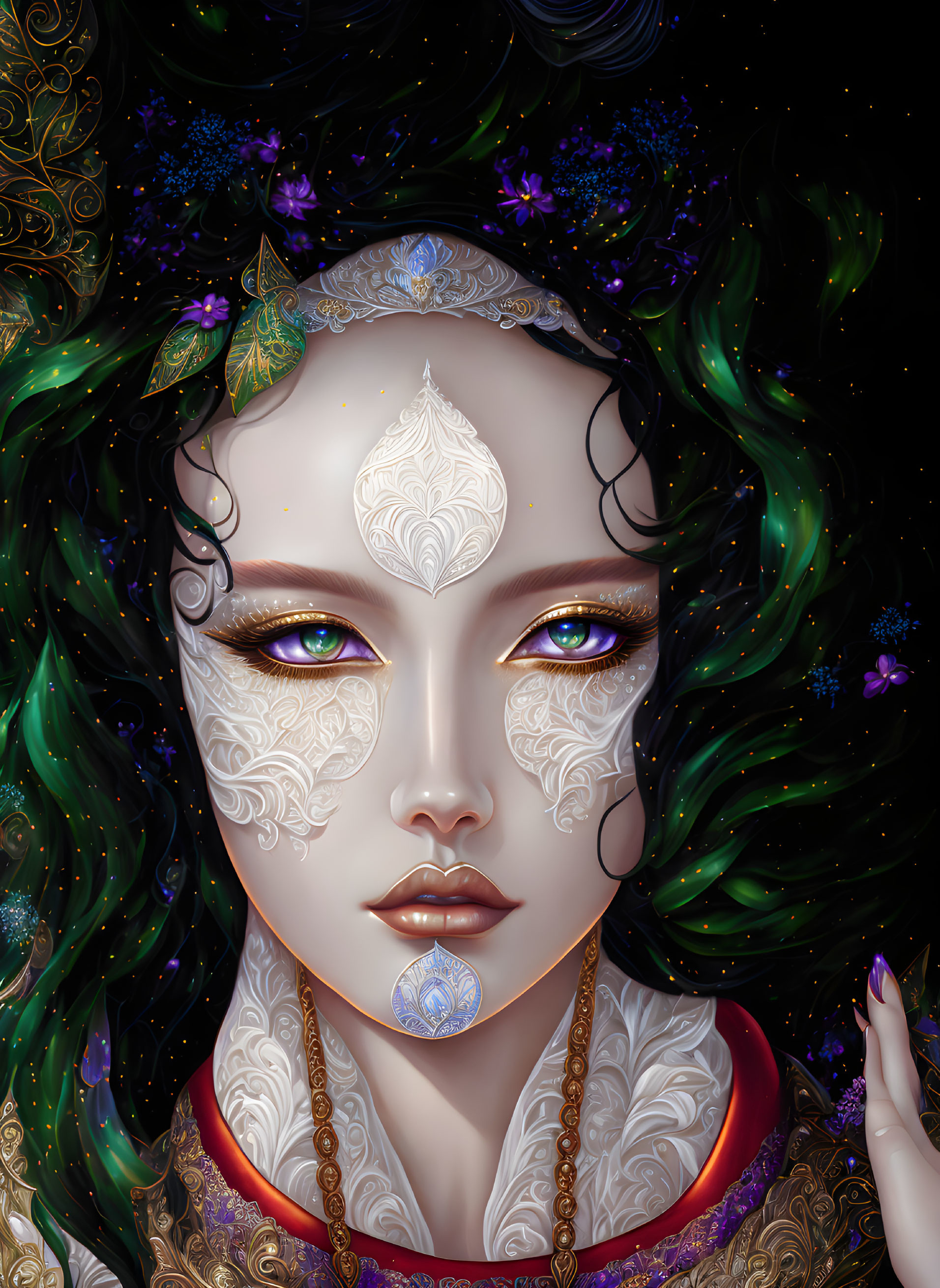 Detailed Illustration: Woman with Ornate Facial Markings, Golden Eyes, Green Hair with Leaves and