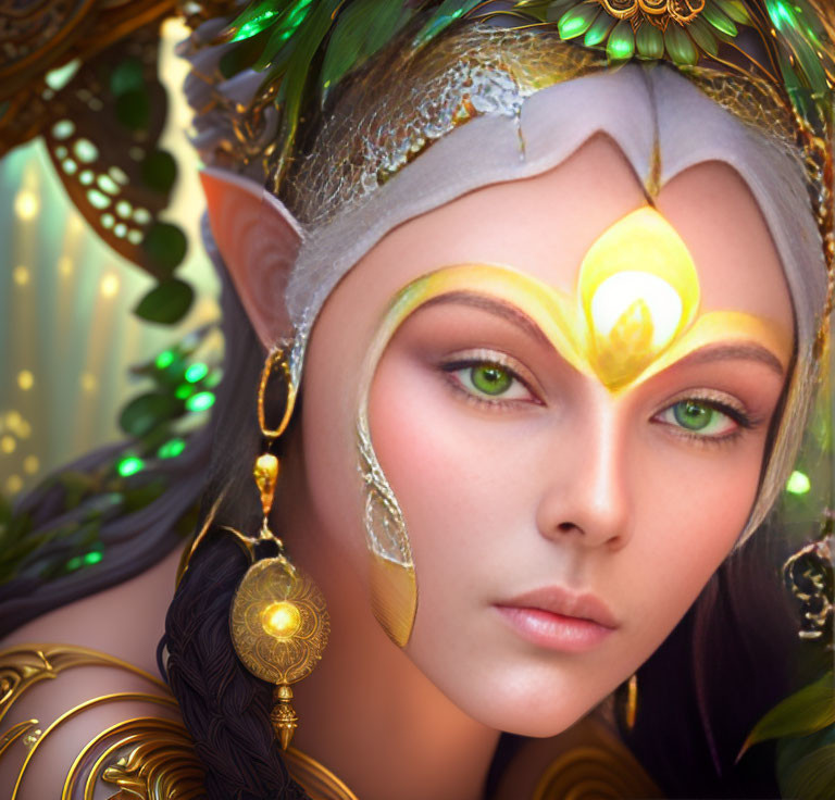 Fantasy character with pointed ears and golden headpiece in nature.