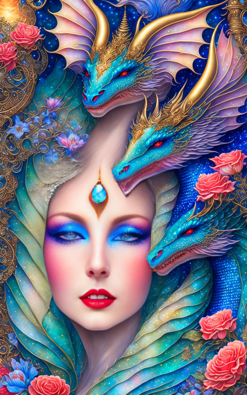 Fantasy illustration of pale-skinned woman with blue eyeshadow and red lips, adorned with dragons