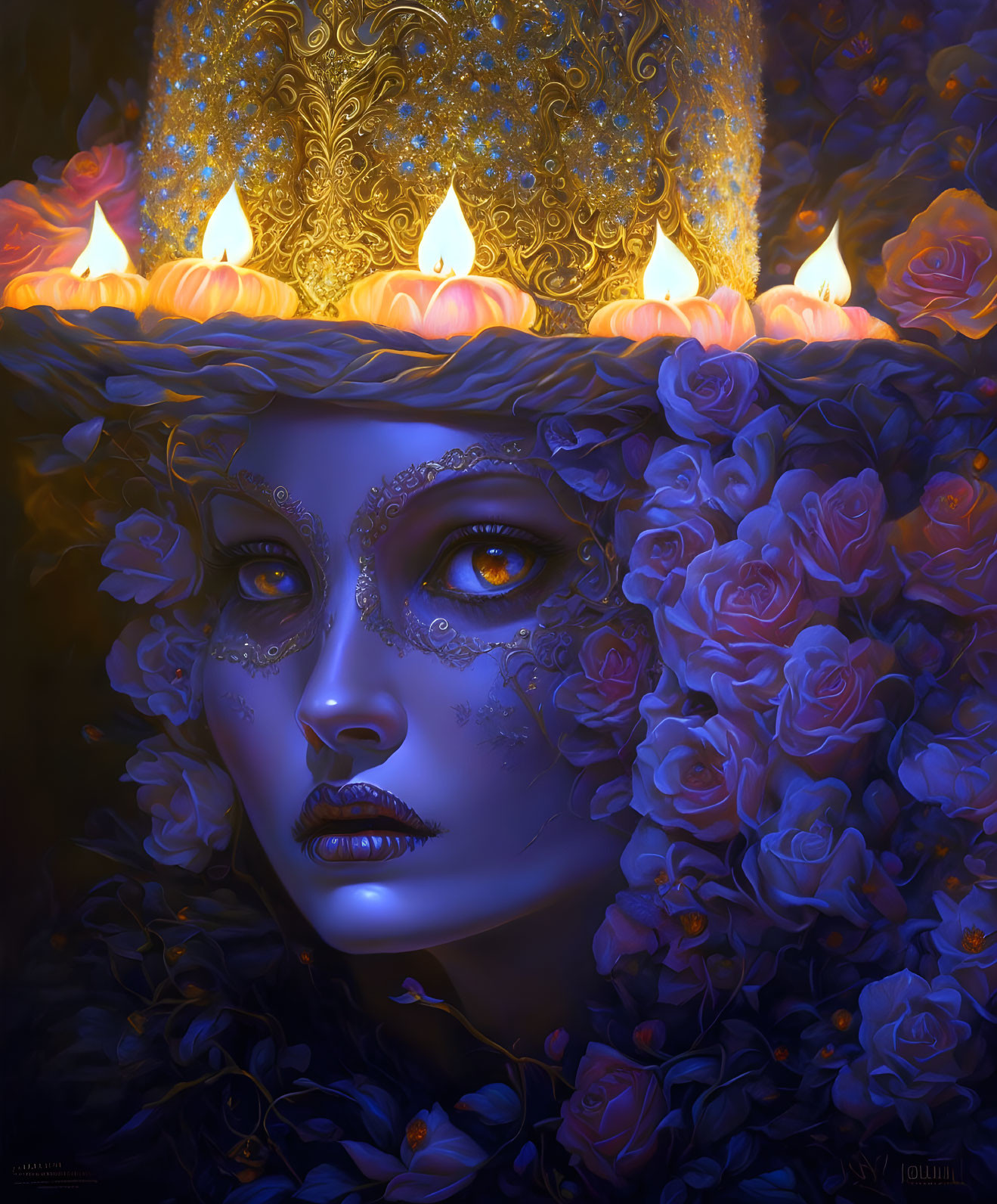 Portrait of woman with blue eyes, purple roses, candle crown, and gold filigree mask