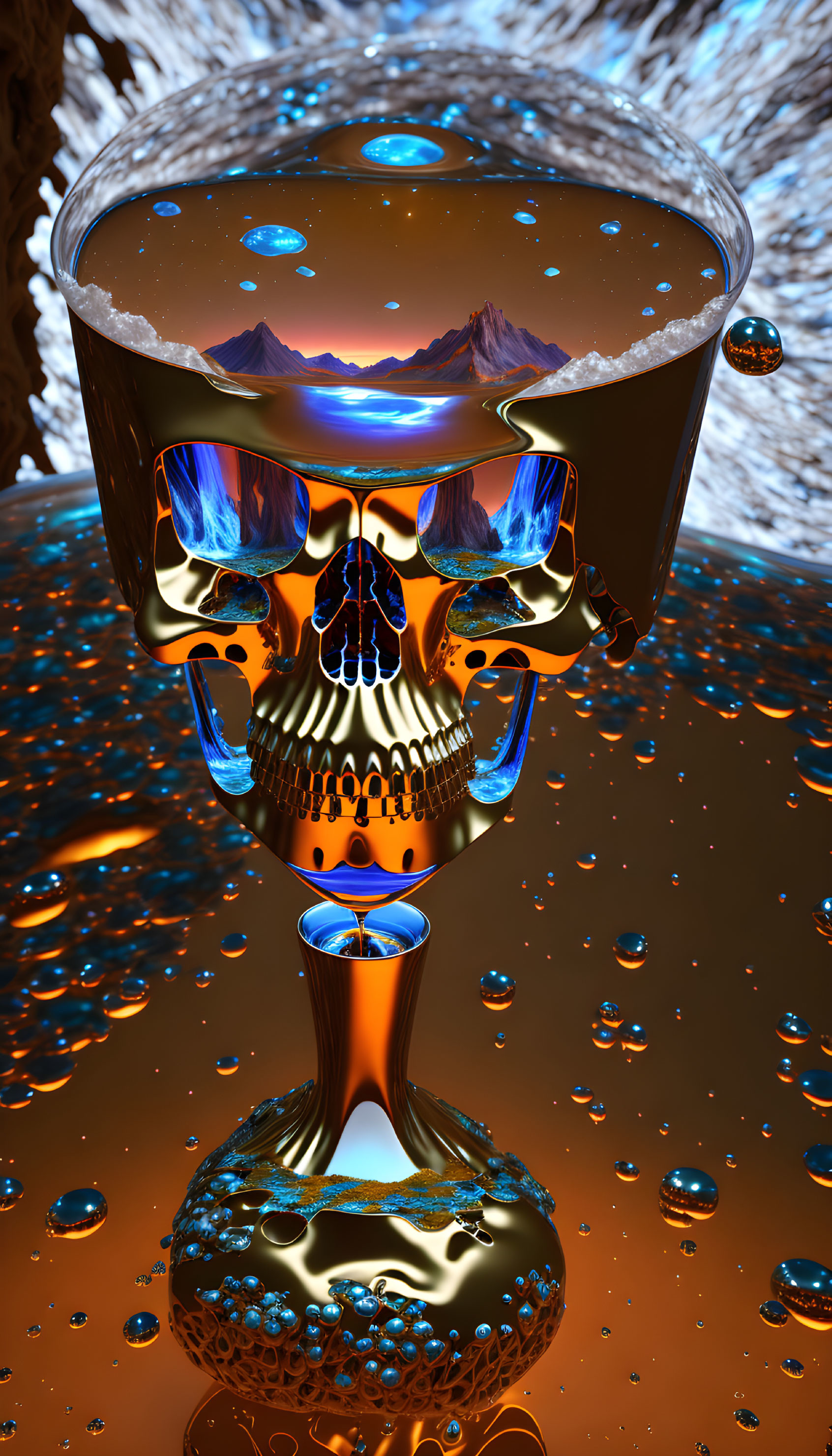 Skull in martini glass with mountain reflection and liquid droplets