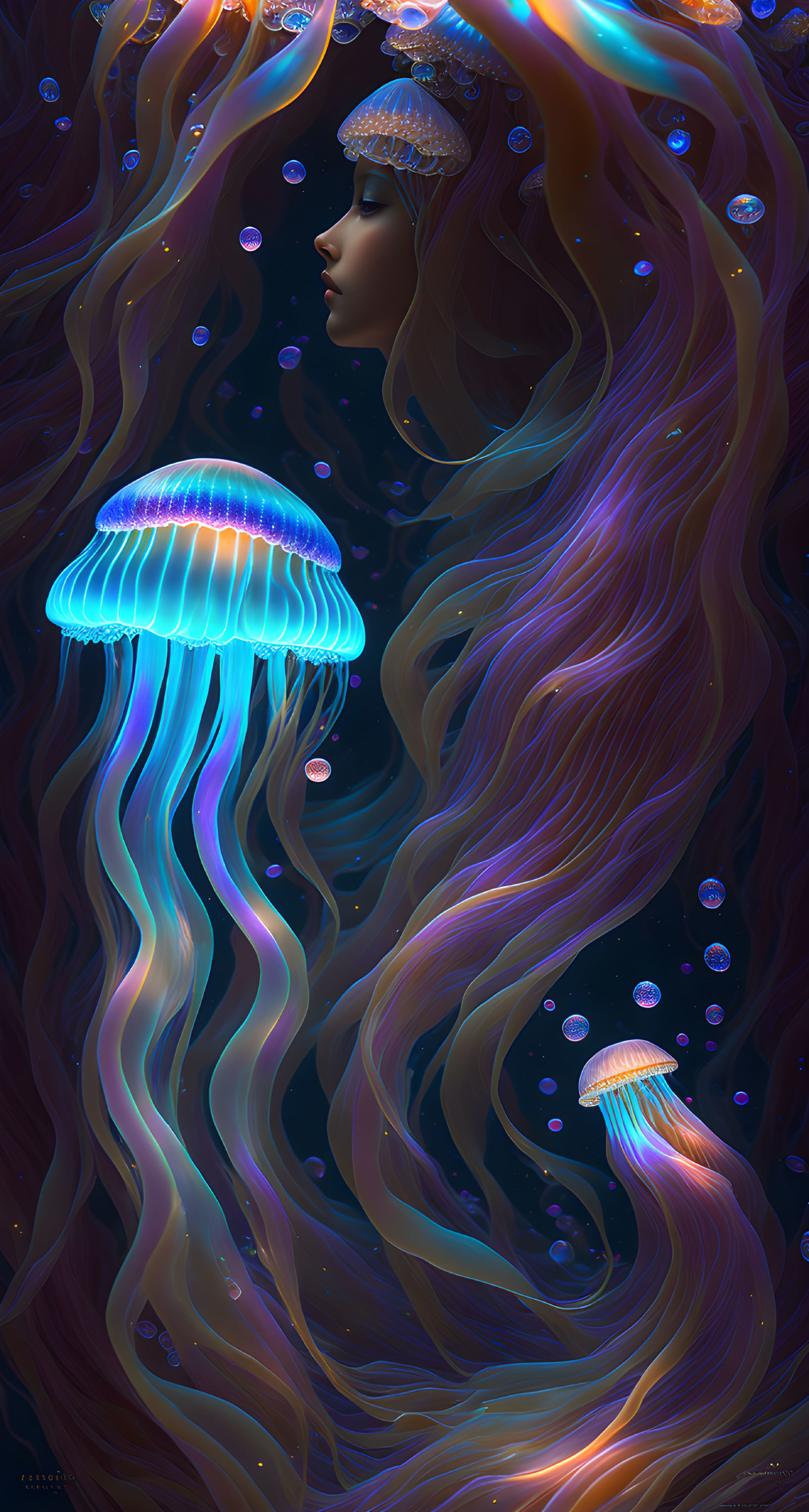 Surreal woman's profile with flowing hair among neon jellyfish and bubbles