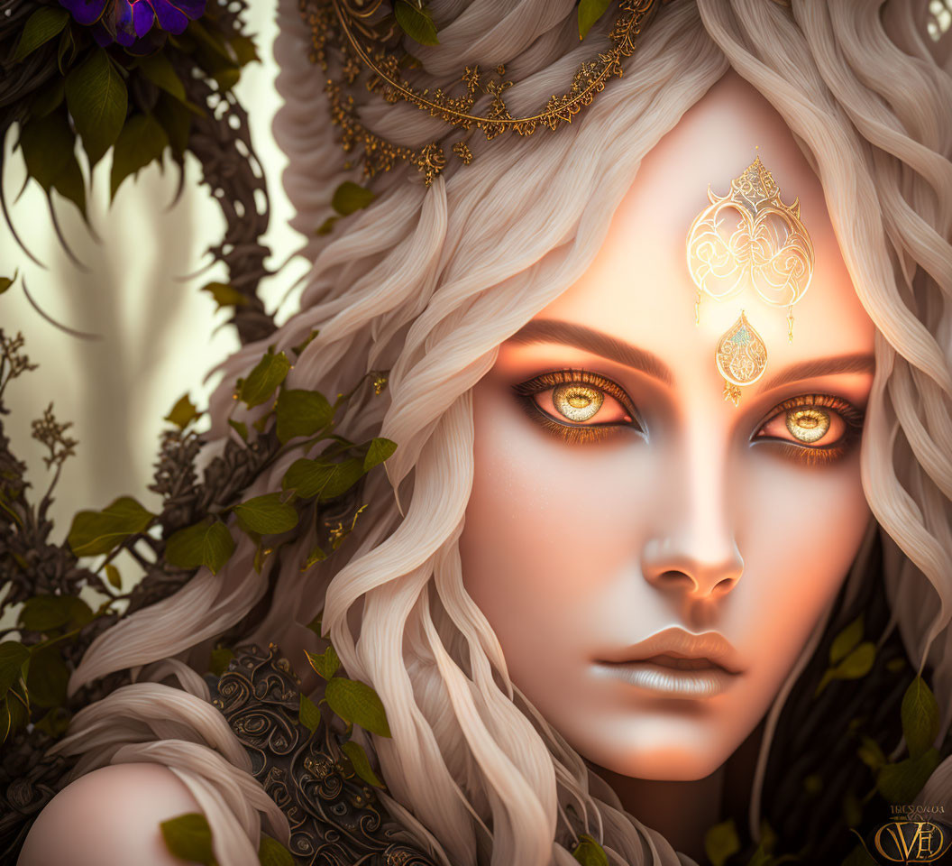 Fantasy character digital art with golden headpiece, amber eyes, and floral backdrop