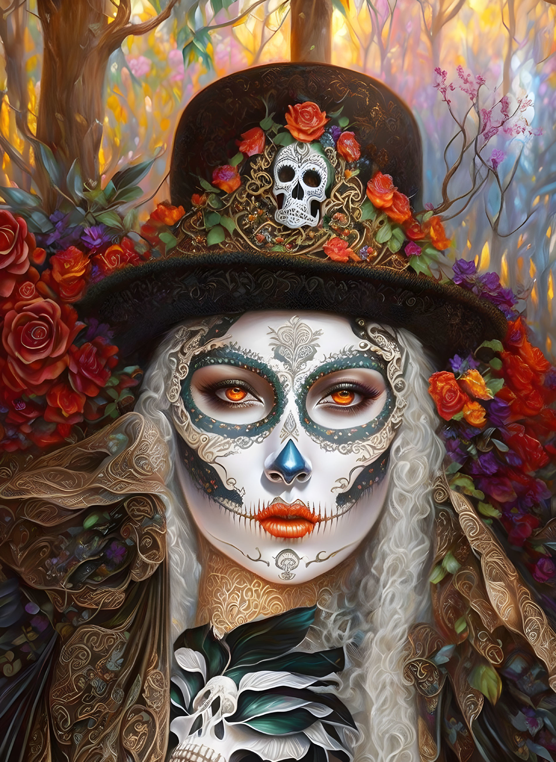 Person with Dia de los Muertos makeup in flower and skull top hat in whimsical forest.