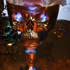 Skull in martini glass with mountain reflection and liquid droplets