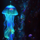 Surreal woman's profile with flowing hair among neon jellyfish and bubbles