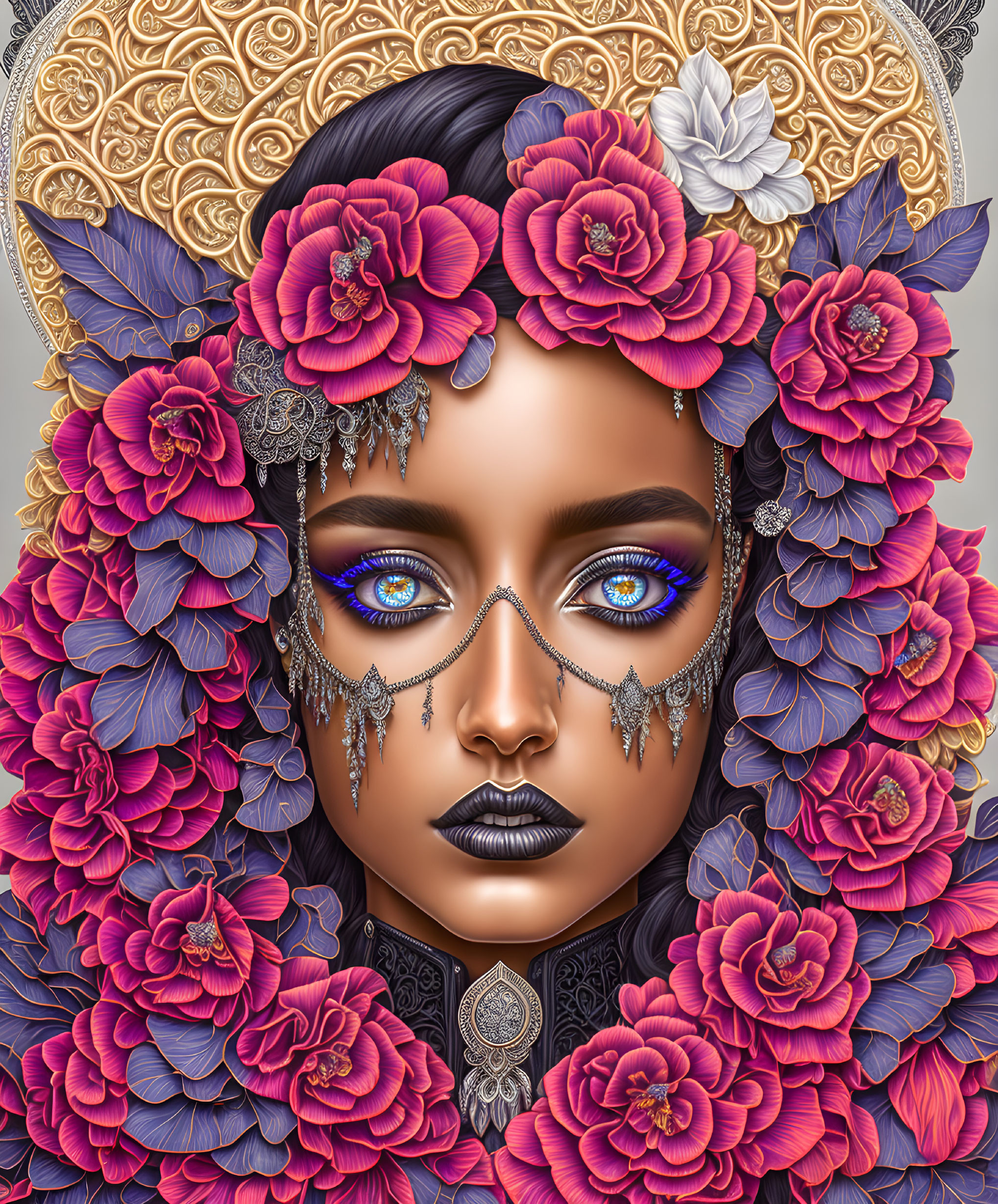 Woman with Purple Flower Hair and Blue Eyes in Ornate Jewelry and Face Paint on Geometric Background