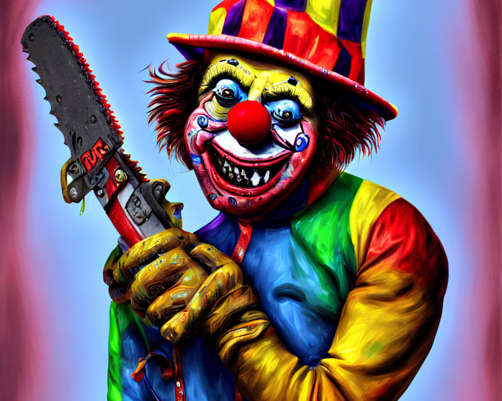 Colorful Menacing Clown Illustration with Chainsaw