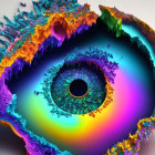 Colorful eye digital artwork with dynamic blue and orange textures