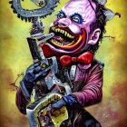 Menacing clown with mechanical parts holding a chainsaw in vivid illustration