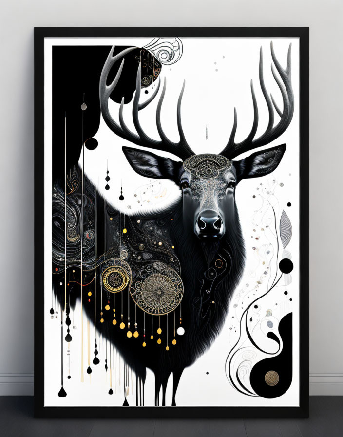 Monochromatic stylized deer artwork with intricate patterns and ornaments on wall