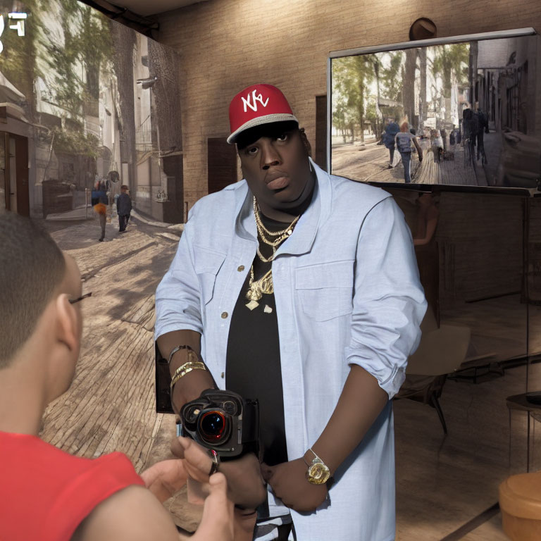 Man in red hat and blue shirt posing for a photo with camera person and street scene on monitor