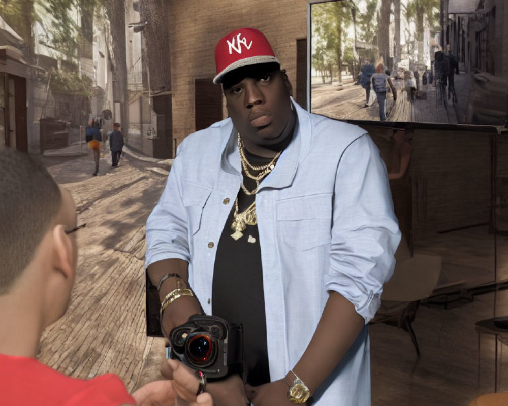 Man in red hat and blue shirt posing for a photo with camera person and street scene on monitor