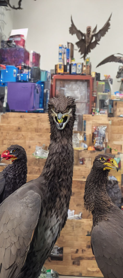 Realistic bird sculptures in cluttered room with one featuring yellow eyes and griffin-like beak