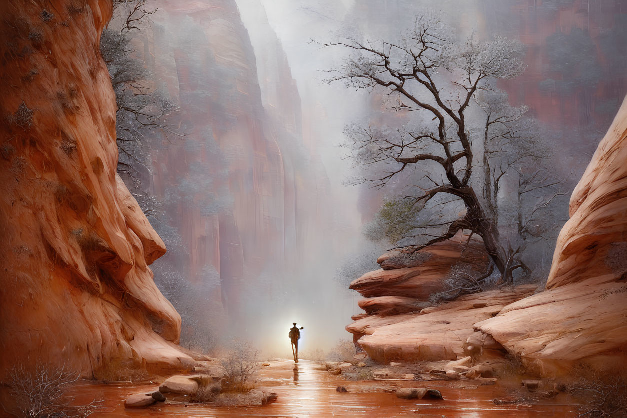 Desolate figure in misty canyon with red sandstone walls and leafless tree.