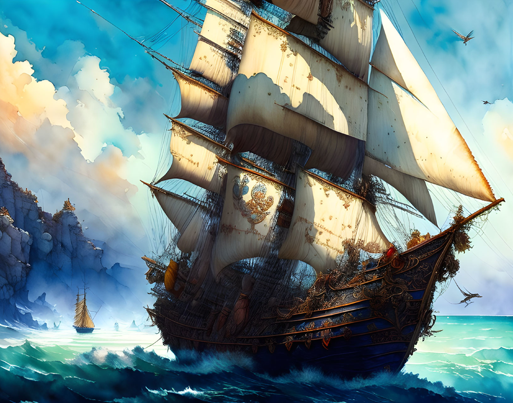 Majestic sailing ship on vibrant blue ocean with rocky cliffs