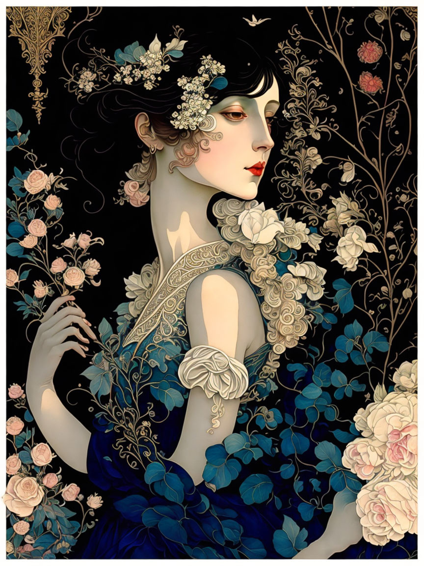 Art Nouveau Woman Illustration: Pale Skin, Dark Hair, Blue Dress, Flowers, Roses,