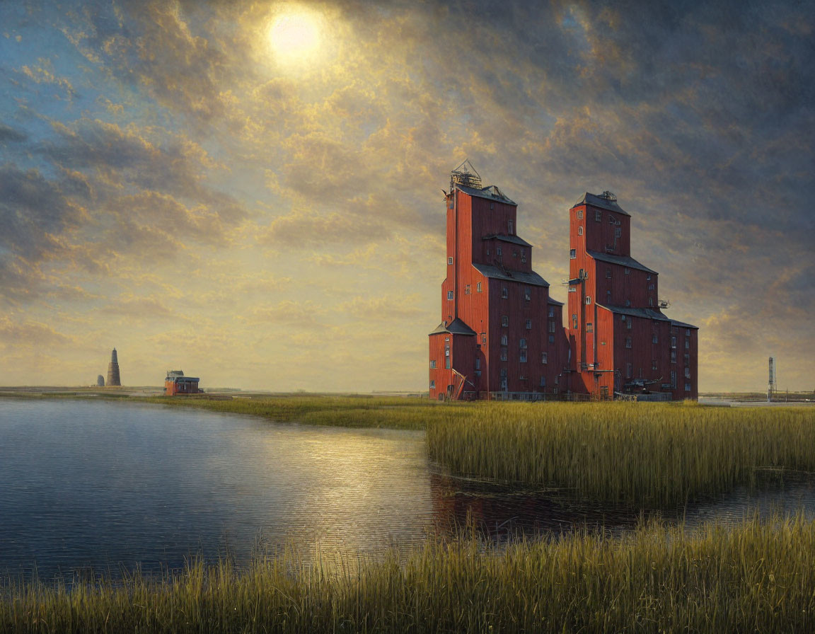 Red grain elevators by water in serene landscape.