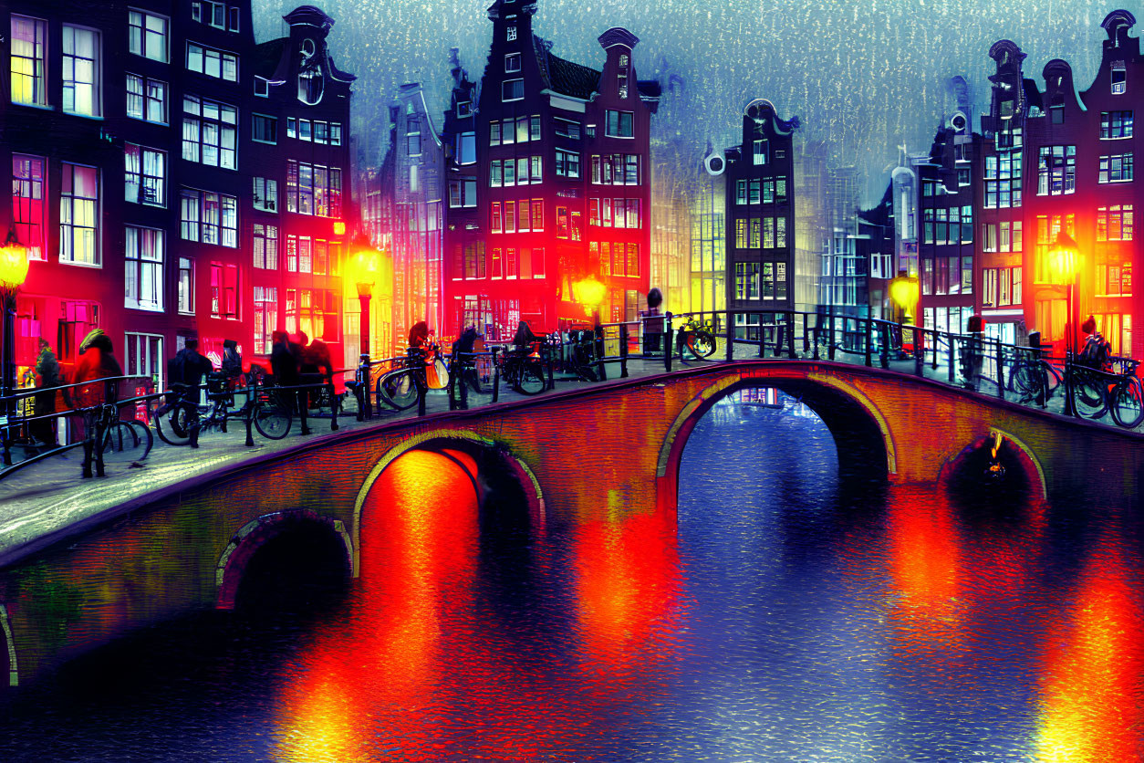 Illuminated Amsterdam canal houses at night with bridge and rain reflections