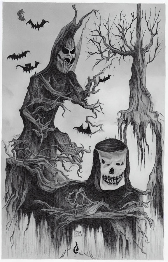 Spooky pencil drawing of skeletal figure in tattered garments among twisted trees