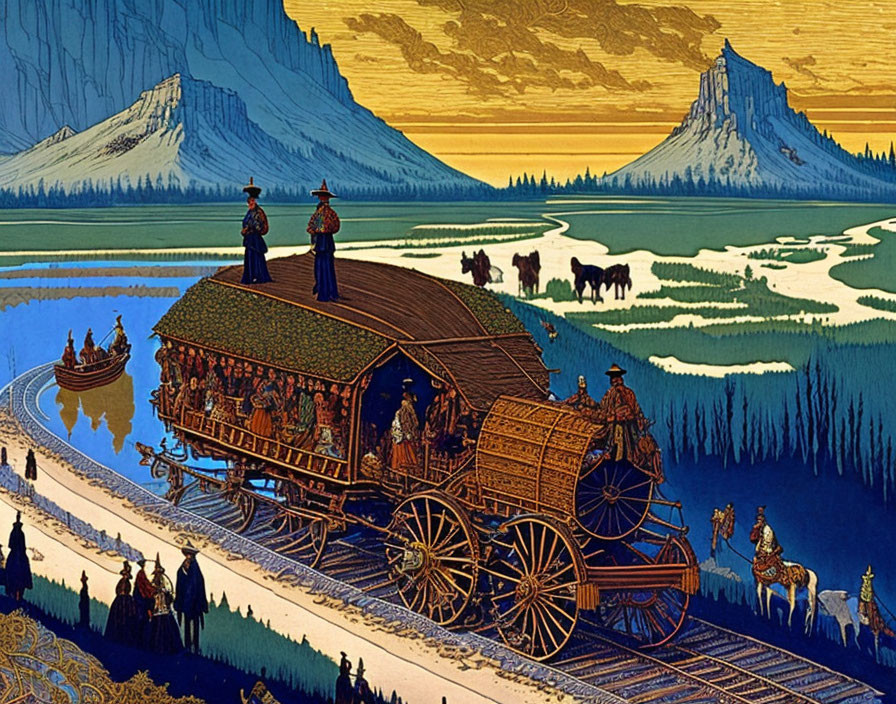 Detailed illustration of ornate wagon on track with travelers, horses, and boats in mountainous landscape