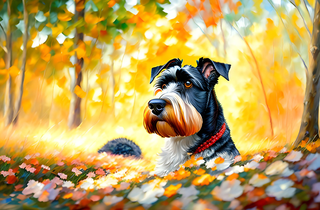 Black and white dog with bushy beard in autumn setting among colorful leaves