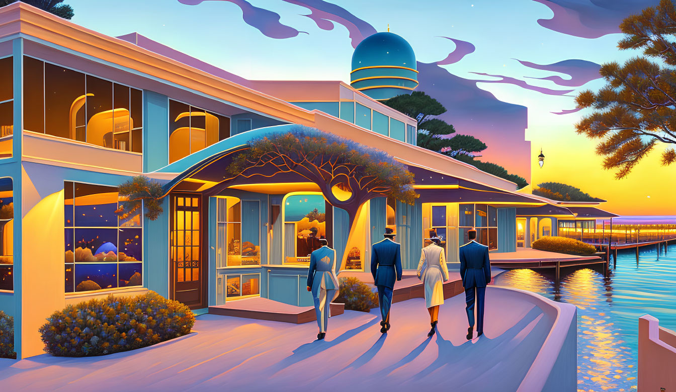 Three people walking towards modern seaside building at sunset with ocean view and futuristic background.