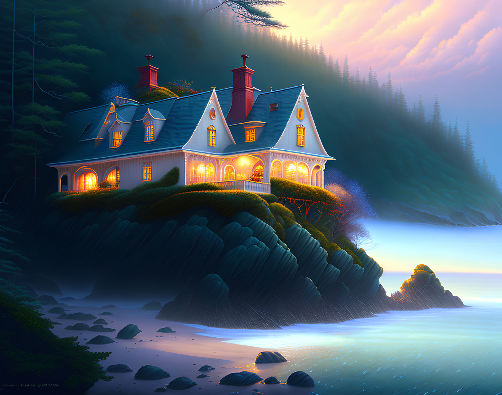 Victorian house on cliff overlooking calm sea at twilight